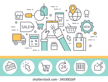 Electronic commerce and internet shopping concept illustration, thin line style, flat design