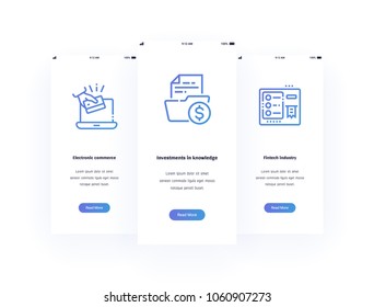 Electronic commerce, Investments in knowledge, Fintech industry Vertical Cards with strong metaphors. Template for website design.