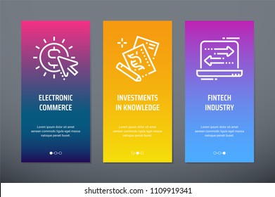 Comercio electrónico, Inversiones en conocimiento, Tarjetas verticales de la industria de Fintech con metáforas fuertes. Plantilla para el diseño del sitio web.