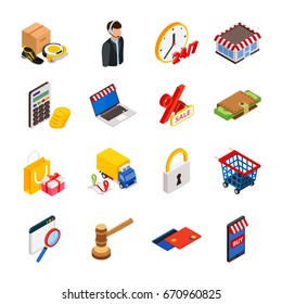Electronic commerce isometric icon set with gadgets for buying on internet and shopping symbols vector isolated illustration