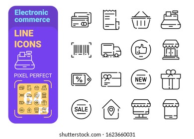 Electronic commerce line icons set vector illustrator. Collection of shopping online store and e-commerce flat style design. Modern pixel perfect for website
