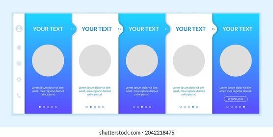 Electronic commerce onboarding vector template. Responsive mobile website with icons. Web page walkthrough 5 step screens. Online marketplace. Ecommerce business color concept with copy space