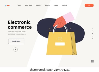Comercio electrónico - Planilla web de compras y comercio electrónico - moderna ilustración de un vector plano de la mano que contiene una bolsa de compra. Concepto de promoción, descuentos, ventas y pedidos online