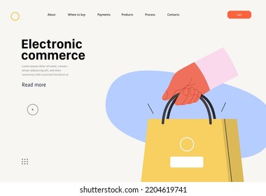 Electronic commerce -Online shopping and electronic commerce web template -modern flat vector concept illustration of a hand holding shopping bag. Promotion, discounts, sale and online orders concept