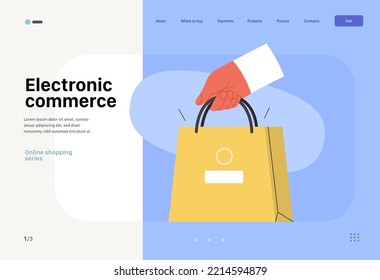 Comercio electrónico - Planilla web de compras y comercio electrónico - moderna ilustración de un vector plano de la mano que contiene una bolsa de compra. Concepto de promoción, descuentos, ventas y pedidos online