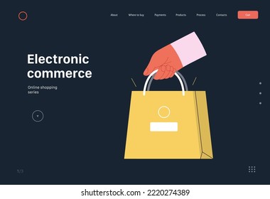 Comercio electrónico - Planilla web de compras y comercio electrónico - moderna ilustración de un vector plano de la mano que contiene una bolsa de compra. Concepto de promoción, descuentos, ventas y pedidos online