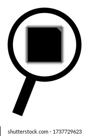 The electronic component of the chip is enlarged by a magnifying glass. Electronic technology. Electronics repair. Repair of household appliances. Place for text. Poster. Vector background image.