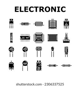 electronic component circuit chip icons set vector. technology computer, hardware microchip, processor electrical, engineering tech, cpu electronic component circuit chip glyph pictogram Illustrations