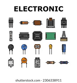 electronic component circuit chip icons set vector. technology computer, hardware microchip, processor electrical, engineering tech, cpu electronic component circuit chip color line illustrations