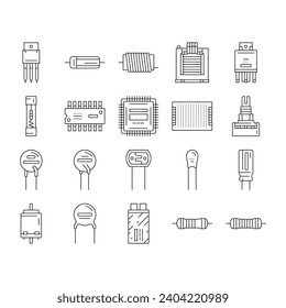 electronic component circuit chip icons set vector. technology computer, hardware microchip, processor electrical, engineering tech, cpu electronic component circuit chip black contour illustrations