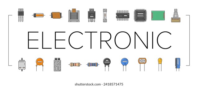 los iconos de los chips de los circuitos de componentes electrónicos configuran el vector. computadora de tecnología, microchip de hardware, electricidad de procesador, tecnología de ingeniería, imágenes de la línea de color de chip de circuito de componentes electrónicos cpu