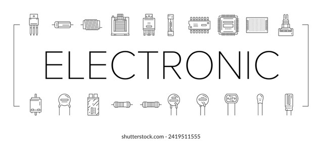 electronic component circuit chip icons set vector. technology computer, hardware microchip, processor electrical, engineering tech, cpu electronic component circuit chip black line illustrations