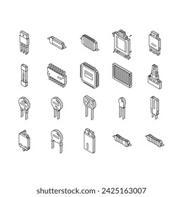 conjunto de iconos isométricos del circuito del componente electrónico. tecnología computadora, microchip de hardware, procesador eléctrico, tecnología de ingeniería, línea de color del circuito del componente electrónico de la cpu