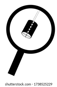 The electronic component is an electrolytic capacitor and a magnifying magnifier. Electronics repair. Repair of household appliances. Transistors and capacitors. Resistors and microcircuits. Poster.