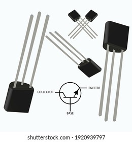 Electronic Component Icon, Illustration Of Black NPN Semiconductor Transistor With Three Metallic Pins, 
Electronic Transistors Vector Icon In White Background.