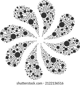 Electronic Component Icon Rotation Abstract Turbine Fireworks Shape. Turbine Centrifugal Explosion Designed Using Scattered Electronic Component Icons.