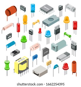 Electronic component isometric set vector illustration isolated on white. Electronics and electrical technology concept. Computer circuit chip elements. Graphic details of engineering hardware.