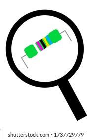 The electronic component of the resistor is magnified by a magnifier. Electronic technology. Electronics repair. Repair of household appliances. Place for text. Poster. Vector background image.
