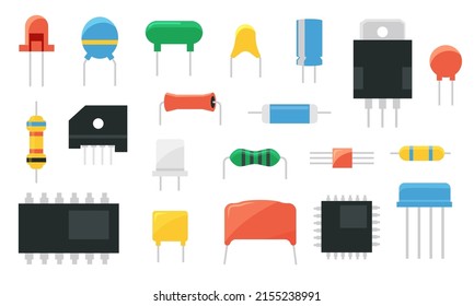 Electronic component. Semiconductor chip capacitor transistor resistor and LED hardware. Vector electric circuit board ceramic parts isolated set of semiconductor and capacitor illustration