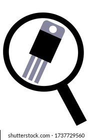 The electronic component of the transistor is magnified by a magnifier. Electronic technology. Electronics repair. Repair of household appliances. Place for text. Poster. Vector image. Triac