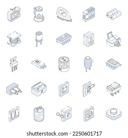 Electronic Components and Appliances Outline Isometric Icons 
