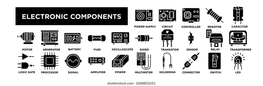 electronic components icon set. Editable Stroke Icon Collection. Power Supply, Circuit Board, Microcontroller, Resistor, Capacitor