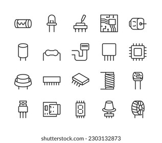 Electronic Components, icon set. Elements of electronic circuits and devices. microchips, transistors, capacitors, resistors, diodes etc, linear icons. Line with editable stroke