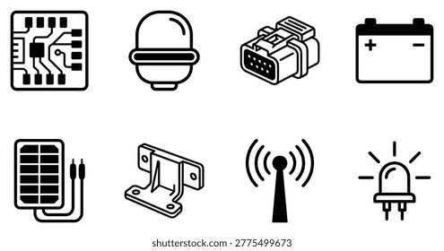 Electronic components like circuit board battery solar panel connector antenna and LED light icons.