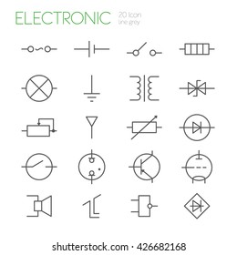 Electronic components line gray icons set of 20