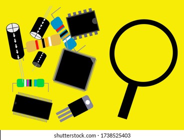Electronic components and magnifying loupe template for text. Electronic industry. Electronics repair. Repair of household appliances. Transistors and capacitors. Resistors and microcircuits. Poster.