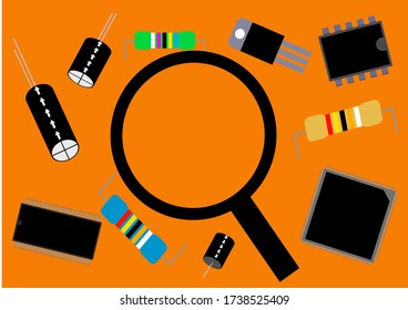 Electronic components and magnifying loupe template for text. Electronic industry. Electronics repair. Repair of household appliances. Transistors and capacitors. Resistors and microcircuits. Poster.