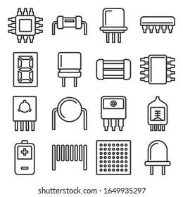 Electronic Components and Microchip Icons Set. Line Style Vector