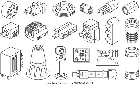 Electronic Components Outline Icon Collection Vector, Industrial Connectors Circuit Parts Engineering Equipment Set, Technology Line Illustration Bundle Design