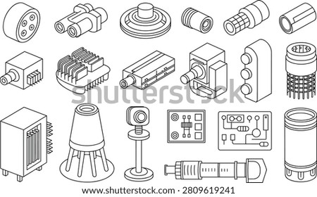 Electronic Components Outline Icon Collection Vector, Industrial Connectors Circuit Parts Engineering Equipment Set, Technology Line Illustration Bundle Design
