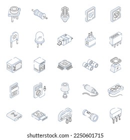 Electronic Components Outline Isometric Icons 
