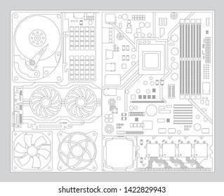 Fundo eletrônico do computador.  Componentes de hardware de computador. Vetor de peças de acessórios de computador. 