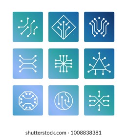 Electronic computer chip circuit and motherboard equipment icons set. Vector illustration