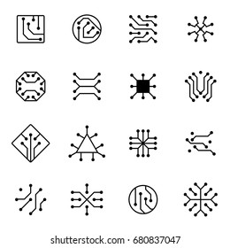 Electronic computer chip circuit and motherboard equipment vector icons. Electronic motherboard circuit illustration of equipment board microchip