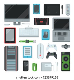 Electronic computer devices gadgets icons technology multimedia devices everyday objects control vector illustration.