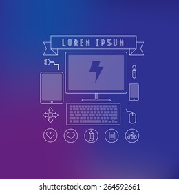 Electronic computer devices line icons/Digital info graphic with blurred background/Abstract unfocused blurred background with web icon set