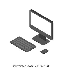 Diseño isométrico electrónico de computadora con monitor de teclado e ilustración vectorial 3D de ratón. Tecnología moderna para el desplazamiento cómodo del ciberespacio con la interfaz de usuario de la pantalla en blanco aislada en blanco