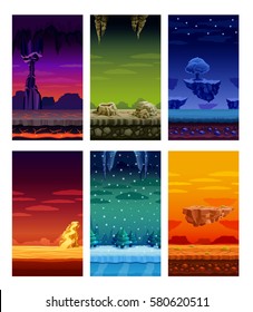 Electronic computer video games 6 beautiful screen display fantastic landscapes elements set colorful cartoon isolated vector illustration 