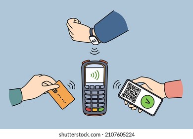 Electronic contactless payment and technologies concept. Human hands paying with credit card with smart watch and with smartphone vector illustration 