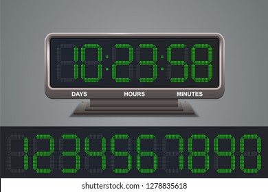 Electronic contdown timer with green scoreboard, vector illustration