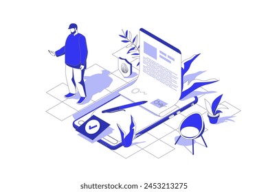 Concepto isométrico 3d de contrato Electrónica en Diseño gráfico isométrico para Web. Escena de Personas con el hombre de negocios utilizando la firma digital para firmar el documento, verifique el Acuerdo de negocios. Ilustración vectorial.