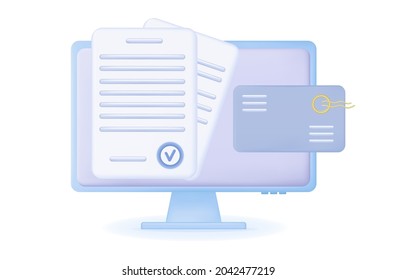 Electronic contract 3d signature online. Approved, verified form of agreement.Online transaction is signed, digital keys of the partners. Registration of the contract,  message on laptop screen.Vector