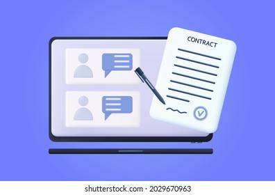 Electronic contract 3d. Signing the document online. Business agreement page with electronic smart signature of partners on a laptop. Confirmed transaction online with a stamp. Financial form. Vector