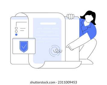 Ilustración del vector de concepto abstracto del contrato electrónico. Documentos comerciales de comercio electrónico, validación de firmas digitales, acuerdo en línea, reglas, términos y condiciones metáforas abstractas.