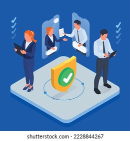 Electronic contract agreement concept with business people signing documents online on blue background 3d isometric vector illustration