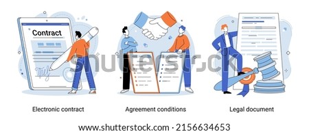 Electronic contract, agreement conditions, legal document e-signature on document in paper sheet or at tablet screen with stylus pen and padlock, digital signing service secured internet technology